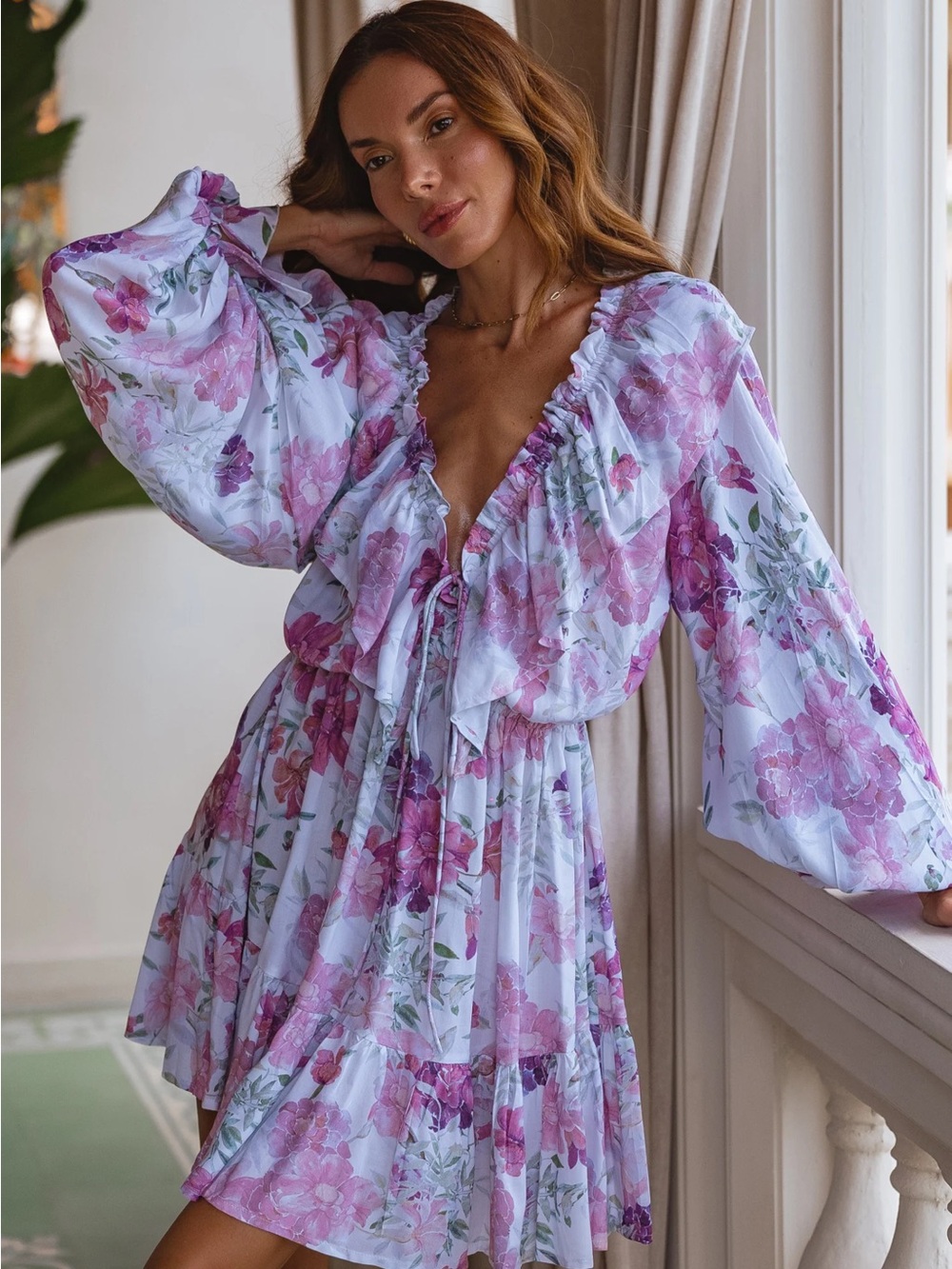 NWT BALI ELF Balloon Sleeve Ruffle V Neck Mini Dress Flowy Floral Alice US M